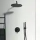 Schwarze Duscharmatur an heller Wand, bestehend aus Kopfbrause und Handbrause mit Schlauch, installiert in modernen Badezimmer. Ideal Standard Logo an der Armatur sichtbar.